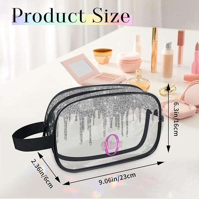 Custom Name Makeup Bag Travel Bag, Clear Toiletry Bag Travel Large Capacity Cosmetic Container Organizer for Shampoo, Shiny Stars Water Fluid Shape Silver Glittering