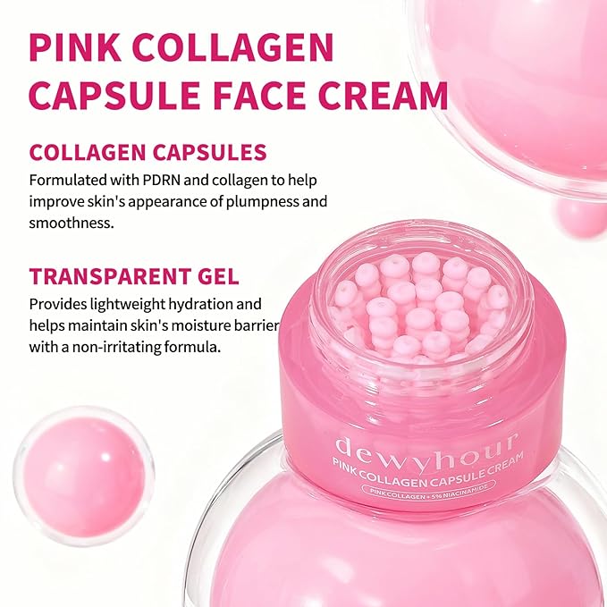 dewyhour Pink Collagen Capsule Face Cream, Lightweight Face Moisturizer, Smoothing & Firming, Brightening Glow, Improves Appearance of Uneven Tone, Korean Skincare, For Dry Skin