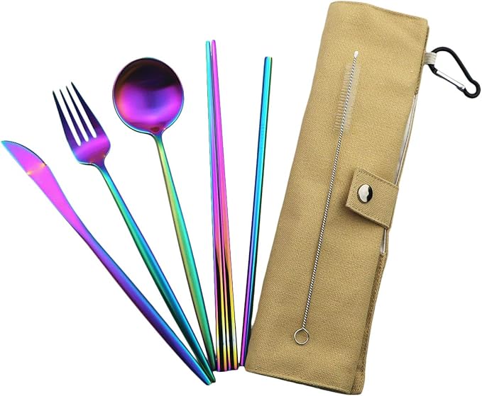 Gugrida Luxury Rainbow Matte Portable 18/10 Stainless Steel Travel Flatware - Image 2