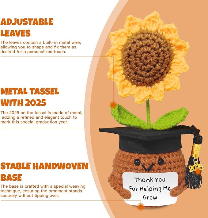 Teacher Appreciation Gifts, Handmade Crochet Sunflower Teacher Gifts, Thank You for Helping Me Grow, Daycare Teacher Appreciation Gifts for Women Men, End of Year Graduation Teacher Gifts (2)