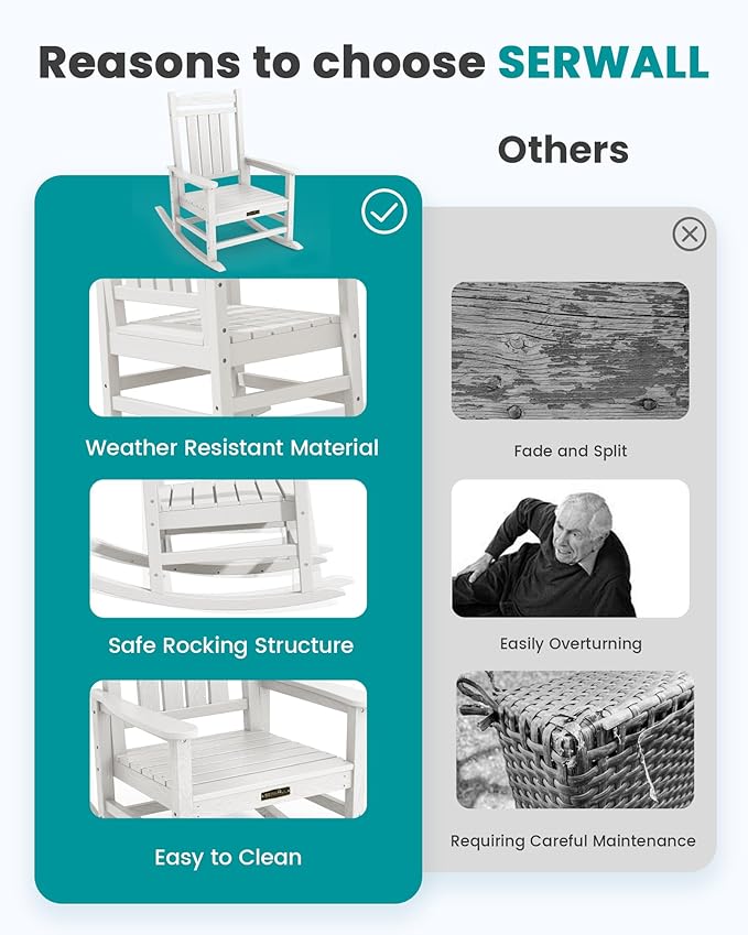 SERWALL Outdoor Rocking Chair, HDPE Patio Rocking Chair All-Weather Porch Rocker - Image 6