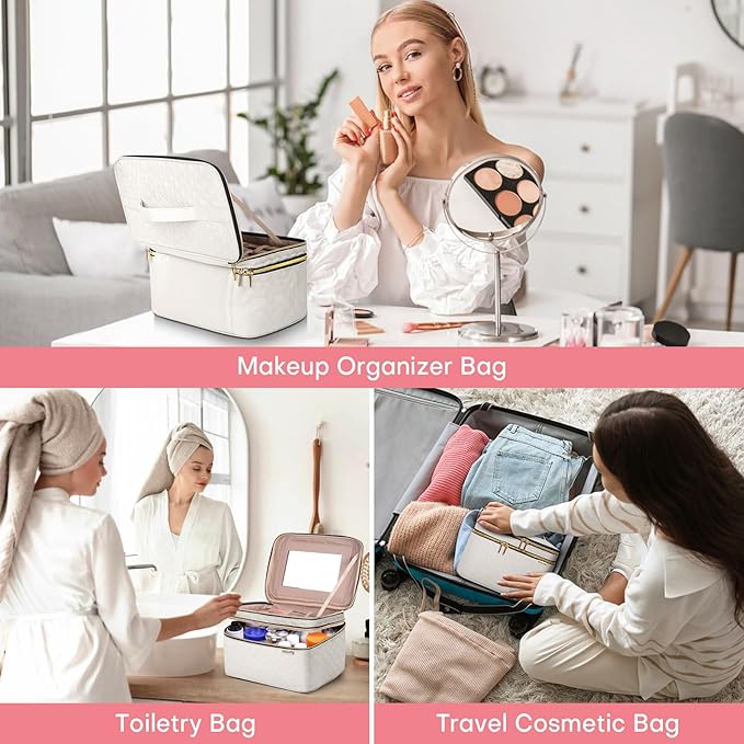 Large Makeup Bag with Mirror Double Layer Travel Make Up Organizer Case - Image 7