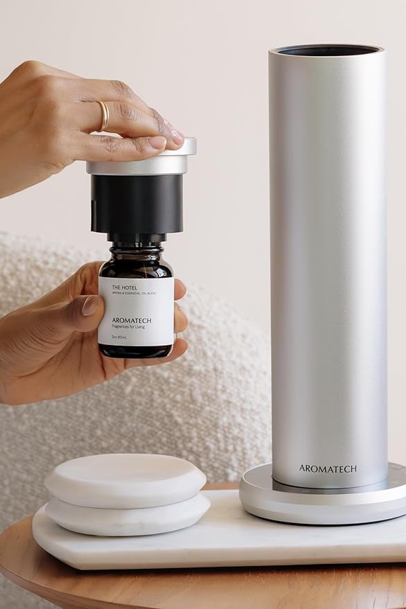 AromaTech New AroMini BT Plus Scent Diffuser w/Bluetooth – Cold-Air Diffusion Scent Machine for Home, Office, Hotel, Spa – Nebulizing Diffusion System for Essential Oil Blends (Gold)