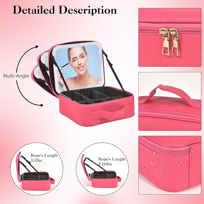 Travel Makeup Bag With LED Mirror, Cosmetic Train Case with 3 Color Setting - Image 6