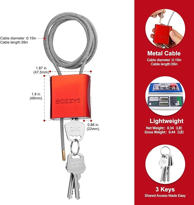 Adjustable Cable Locks with 3 Keys | 3.28ft L x 1/6in D Aluminum Steel Cable - Image 2