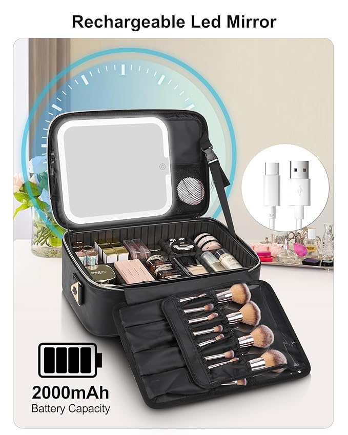 Relavel Makeup Train Case With LED Mirror, Professional Travel Cosmetic Bag - Image 5