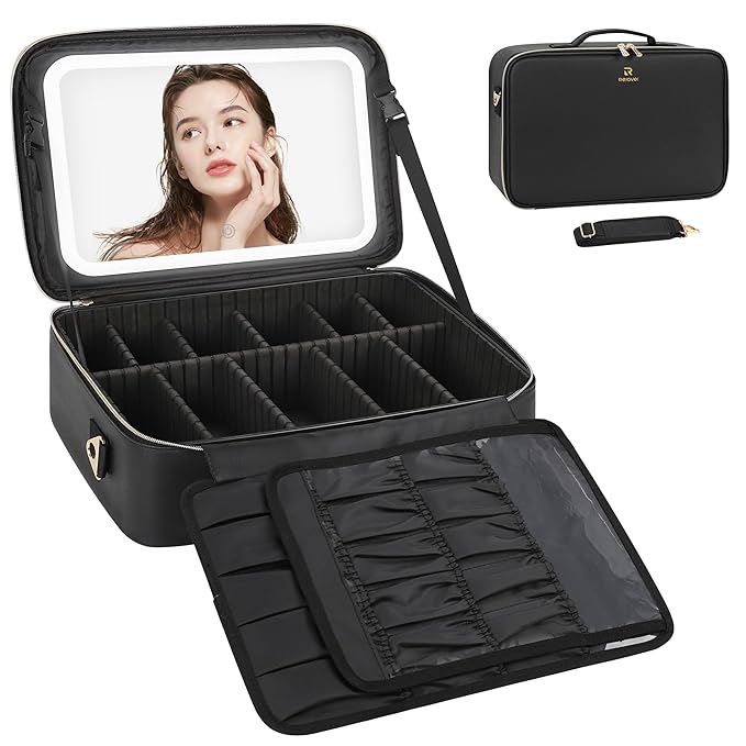 Relavel Travel Makeup Bag With LED Mirror, 16.2" Large Makeup Train Case - Image 8
