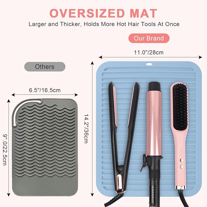 Oversize Silicone Heat Resistant Mat, Professional Hot Hair Tools Mat for Curling Iron, Flat Iron, Hair Straightener, Portable Hot Pad Cover with Velcro for Travel Home Salon(14.2" x 11.0")