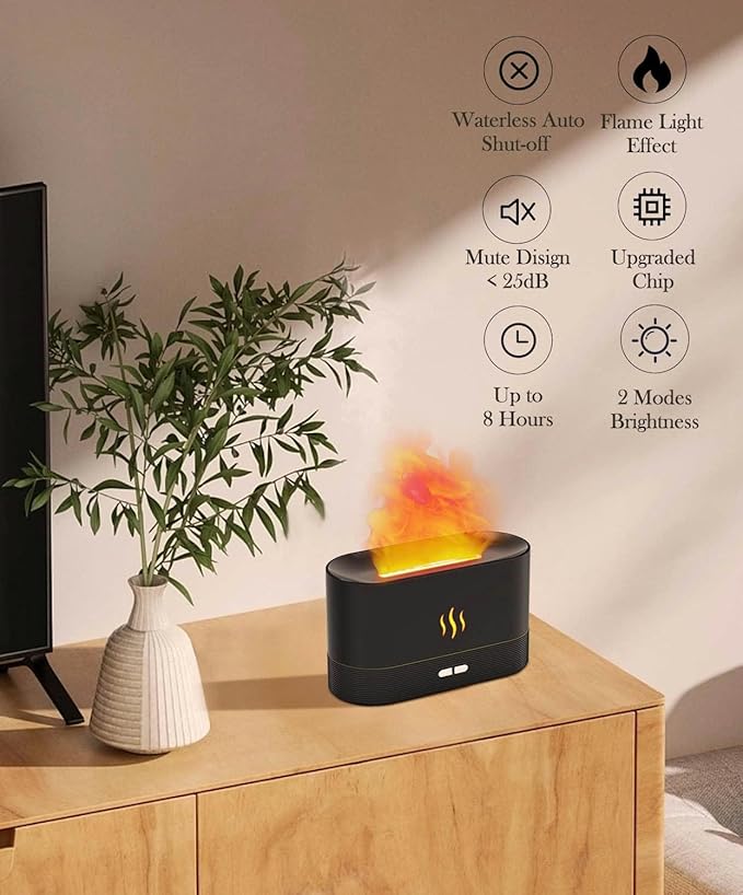 Essential Oil Diffuser Humidifer with Flame Light Effect, 180ml Air Diffuser for Essential Oils, Humidifiers for Bedroom with 2 Brightness, Auto-Off Function(White)