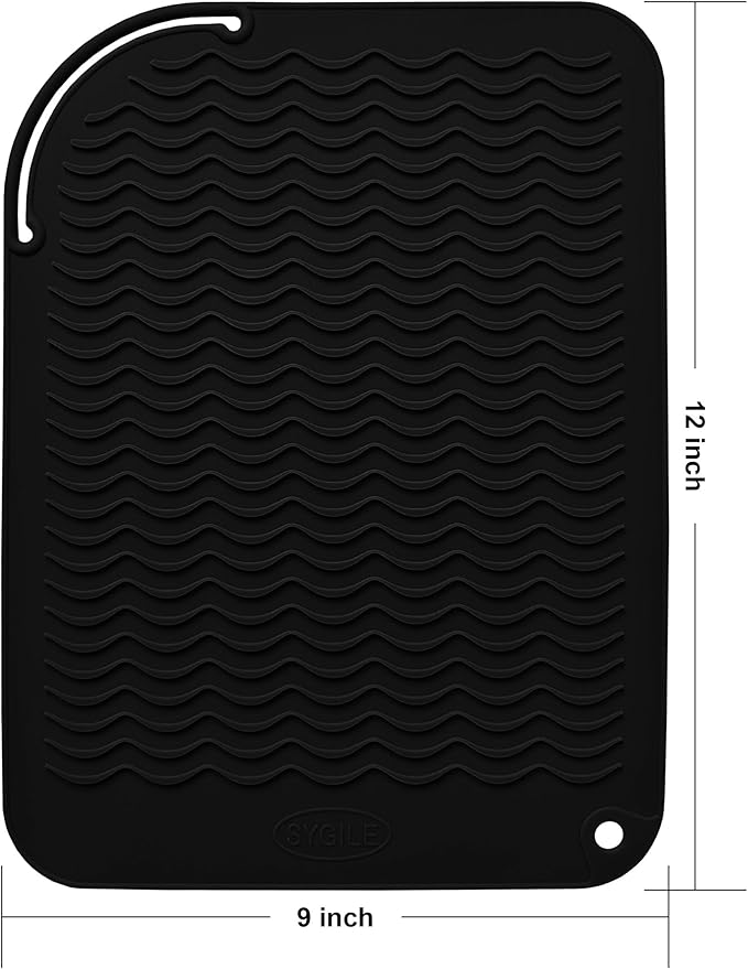 12" X 9" Large Heat Resistant Silicone Mat for Hair Styling Tools, Curling Iron Mat, Flat Iron Holder, Hair Straightener Pad, Makeup Mat, Hot Tools Mat for Travel Vanity Salon - Black