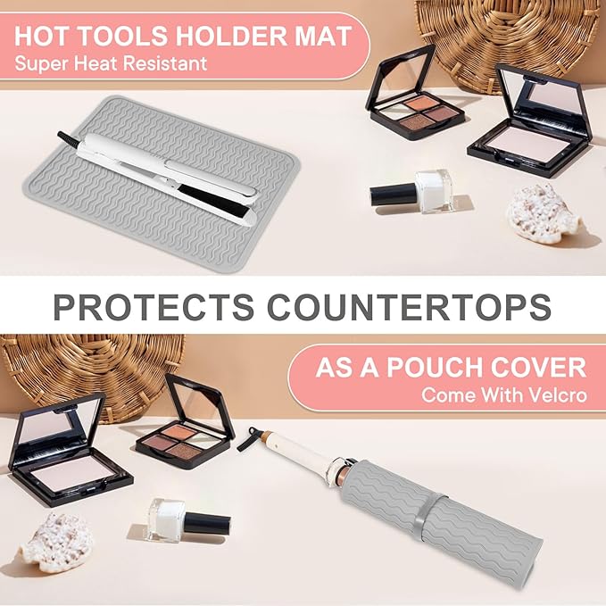Oversize Silicone Heat Resistant Mat, Portable Travel Mat Cover with Velcro for Curling Irons, Flat Irons, Hair Straightener and Hot Hair Styling Tools(14.2" x 11")