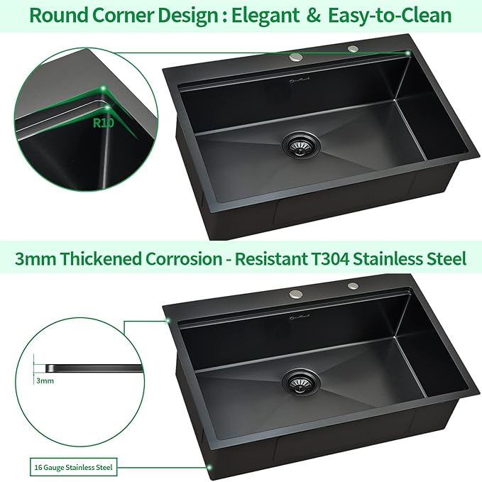 Kitchen Sink, 33 x 22 Drop in Kitchen Sink Gunmetal Black 16 Gauge Stainless - Image 6