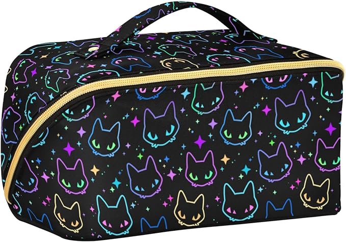 Makeup Organizer Bag, Colorful Neon Cat Heads Travel Makeup Bags Makeup Vanity Case Large Capacity Rhombus Cosmetic Toiletry Bag for Girl Women Ladies