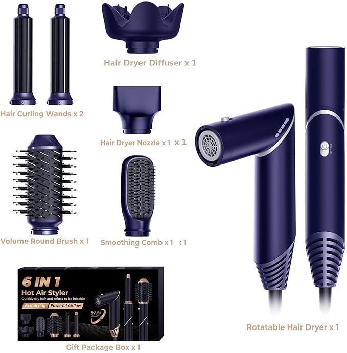 6 in ONE Blow Dryer Brush, Curling Wand Hair Styling Tools Set, Ionic Hot Air Hair Dryer, Massage Oval Hair Dryer, Left&Right Hair Curlers 100-120V