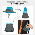 Ponytail Sun Bucket Hats for Women UV Protection Foldable Wide Brim (1-blue)