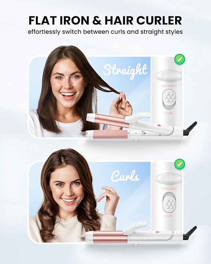 Dual Voltage Curling Iron, Mini Travel Size Curling Iron for European, 1 1/4 Inch Ceramic Plates Hair Straightener with Adjustable Temperature, European Plug Included
