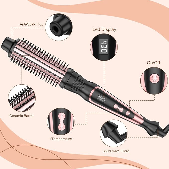 Thermal Brush 1 Inch Curling Iron Volumizing Heated Round Brush Ceramic Tourmaline Heated Hot, Multifunctional Styler Curling Wand (Rose Gold, 1 inch)