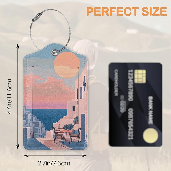 Vintage Sunset Light 3 PCS Luggage Tags, Sunset Seaside Town Leather Suitcase - Image 2
