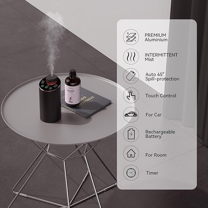 Waterless Essential Oil Diffuser Aromatherapy Scent Diffusers for Home Large Room, Bedroom, Car, Office, Desk, Battery Operated Mini Portable Air Freshener, 3 Countdown Timers & 3 Mist Levels
