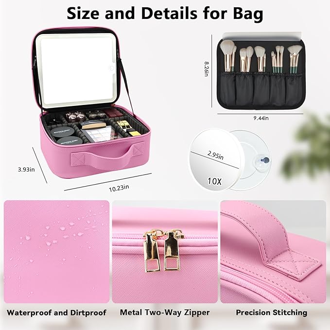 Travel Makeup Bag with LED Mirror and 10x magnifying glass with 3 Lighted - Image 5