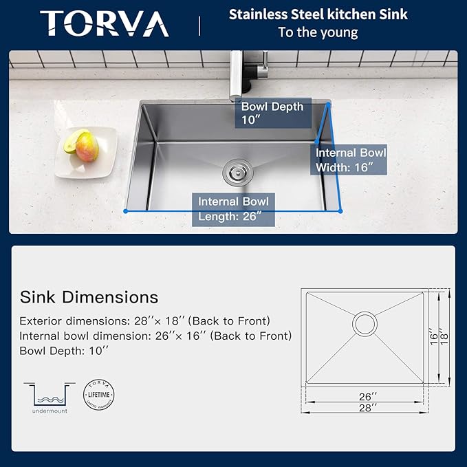 TORVA 28-Inch Undermount Kitchen Sink, Premium 304 Stainless Steel Bar Sink - Image 3