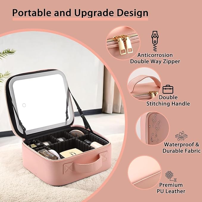 Makeup Bag with Led Mirror, Travel Makeup Organizer with 3 Color Setting & - Image 3