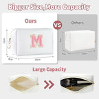 MSQ Personalized Makeup Bag Initial A-Z Patch Bag, PU Leather Cosmetic Bag Pouch Travel Toiletry Bag with Zipper, Gift Ideal for Teen Girls Friend Mom Women Birthday (White M)