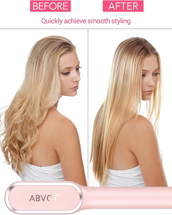 Hair Straightener Brush, ABVOT Airflow Ring Hair Straightener Comb Straightening Smoothing Comb with Hot Cooling Air Vents, Fast Heat Up, Auto Shut Off & Anti Scald Shell for Travel, Pink