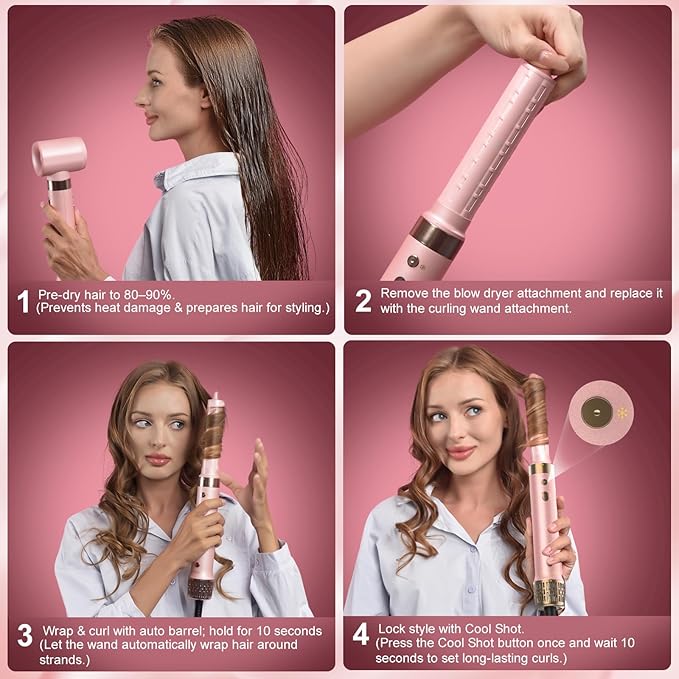 StyleVibe 6-in-1 Air Styler, Hair Dryer & Blow Dryer Brush with Travel Case - Auto Wrap Curls (L/R), Fast Drying, Thermal Round Brush for Smooth Blowouts & Frizz-Free Volume, No Heat Damage