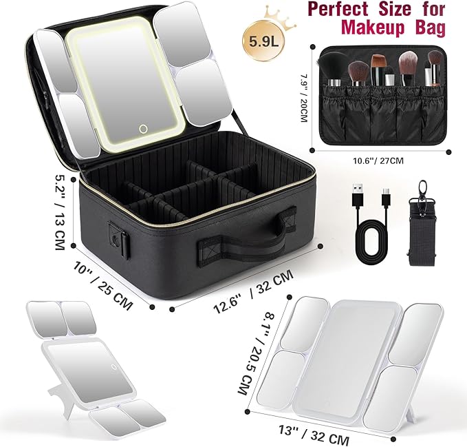 Mid-Size Makeup Bag with LED 1X5X10X20X30X Magnifying Mirror and Travel Makeup - Image 5