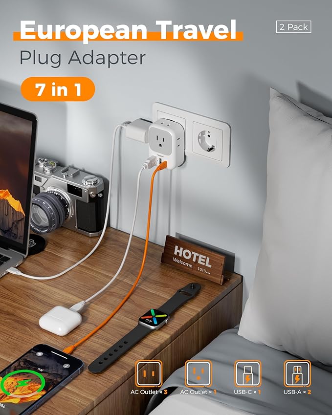 2 Pack European Plug Adapter USB C, TESSAN US to Europe Adapter 4 Outlets 3 USB - Image 3