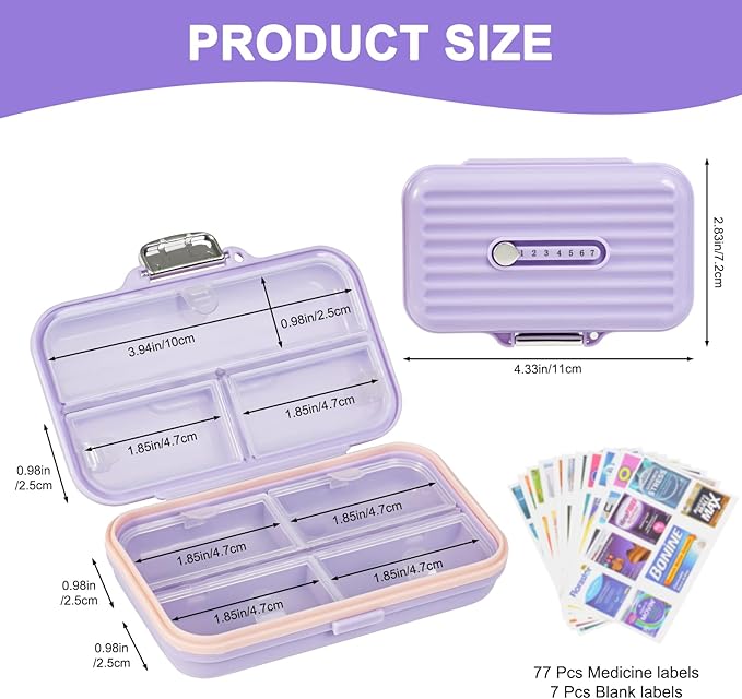 Travel Pill Organizer Box with Medicine Labels, 7 Compartments Portable Pill - Image 2