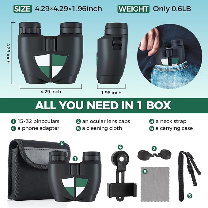 15x32 Compact Binoculars for Adults and Kids, High Power Lightweight Small - Image 7