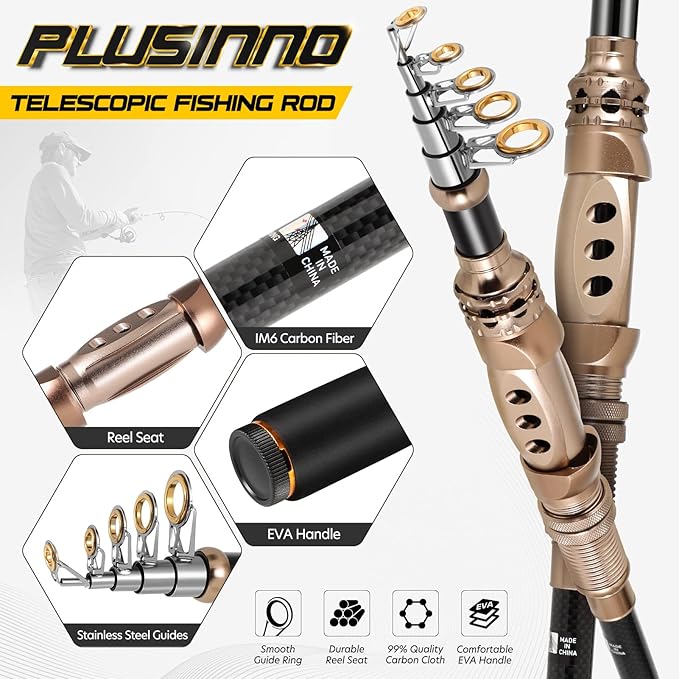 PLUSINNO Fishing Rod and Reel Combos Carbon Fiber Telescopic Fishing Pole - Image 3