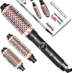 Thermal Brush Set, 3-in-1 Non-Blowing Heated Round Brush with Adjustable Temp, Fast Heating Titanium Ceramic, Dual Voltage, Hair Curling Iron with Detachable Barrels (1.18/1.5/1.77")