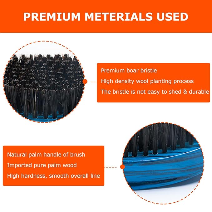 Curved Wave Brush for Men 360 - Medium Hard Palm Hair Brushes with Boar Bristles for Black Hair Wavers to Creating 360 Waves (Stripes Blue)