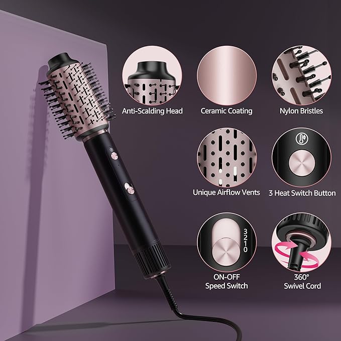 SKIMI 110,000 RPM Brushless Motor Hair Dryer Brush - 5 Muti-Styler for Fast Drying, Curling, Volumizing & Straightening | High-Speed Hot Air Brush for All Hair Types (Black & Pink)