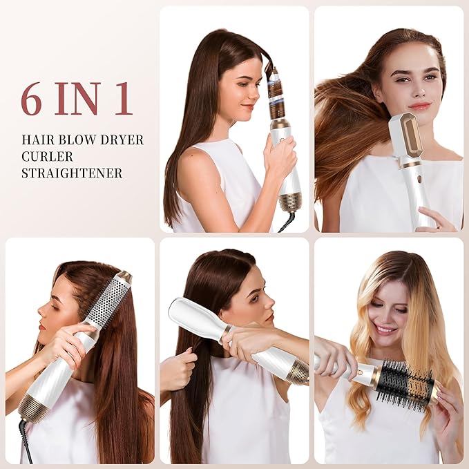 6 in 1 Hair Dryer Brush, Upgrade Detachable Blow Dryer Brush Air Styler Wrap Air Curler, Negative Ion Blow Dryer Hot Styler, Travel Hair Styling Tool for Straight/Curl/Drying/Smoothing