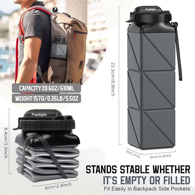 Collapsible Water Bottles 20.6oz Foldable Water Bottle BPA Free Reusable - Image 3