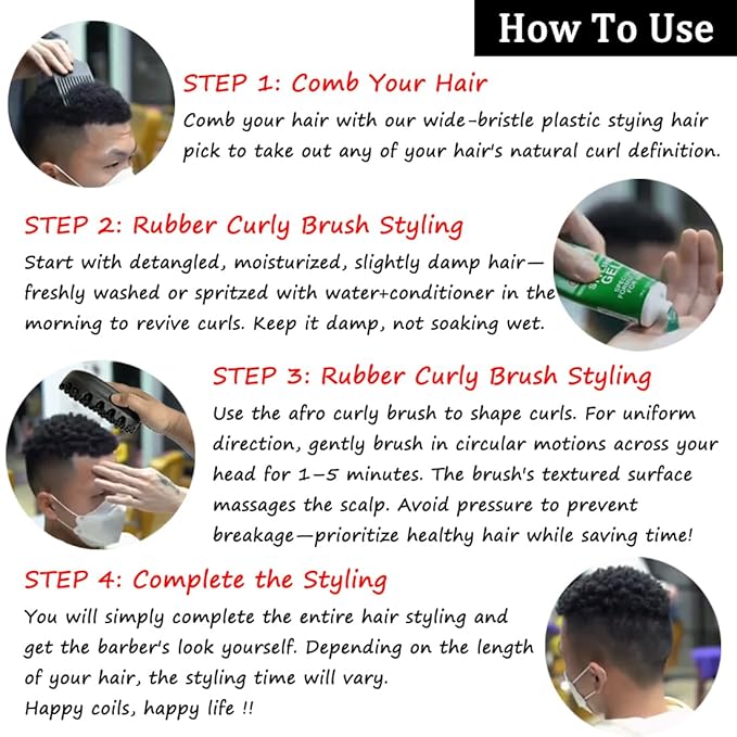 Rubber Afro Hair Brush for Curly Coily 4C Hair –Durable Washable Non-Slip Styling Tool for Twist Curl, Magic Curly Barber Curl Twist Comb for Home Salon Women Men