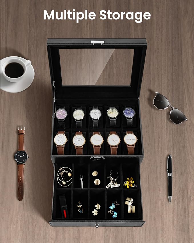 Uten 20-Slot Watch Box, 2-Layers PU Leather Watch Case - Image 4