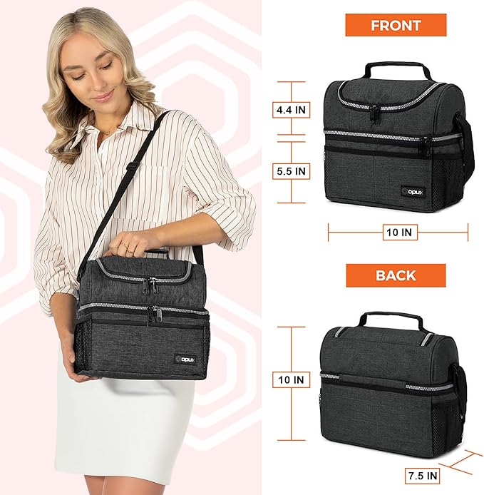 OPUX Lunch Box For Men Women, Insulated Large Double Decker Lunch Bag, Charcoal - Image 3