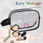 Personalized Name Toiletry Bag, Transparent PVC Large Travel Cosmetic Bag Portable Makeup Organizer Bag for Women Bathroom Shower Essentials, Silver Curtain Glittering