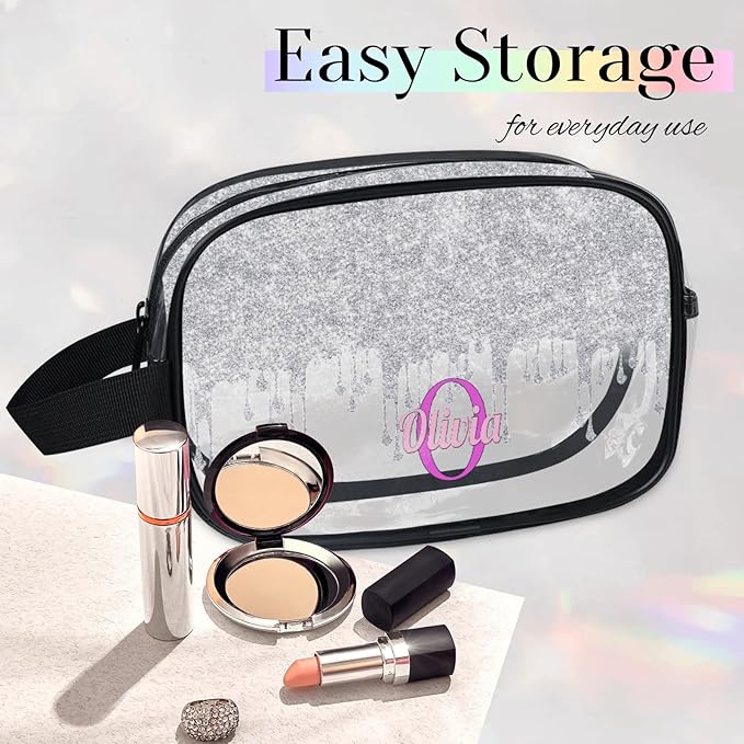 Personalized Name Toiletry Bag, Transparent PVC Large Travel Cosmetic Bag Portable Makeup Organizer Bag for Women Bathroom Shower Essentials, Silver Curtain Glittering