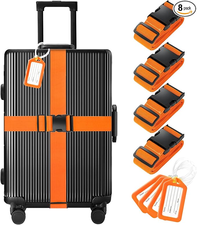 8 Pack Luggage Straps and Tags Set, Luggage Straps by Gostwo