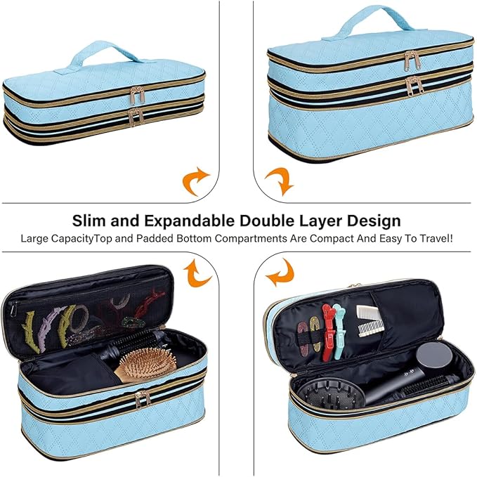 Hair Dryer Travel Carrying Case, Curling Iron Storage Bag, Slim Expandable Handheld Dual-Layer Travel Storage Bag for Dryer/Hair Tool Organizer/Style Organizer