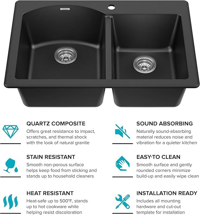 KRAUS Forteza 33-inch Drop In/Undermount 60/40 Double Bowl Granite Kitchen Sink - Image 16