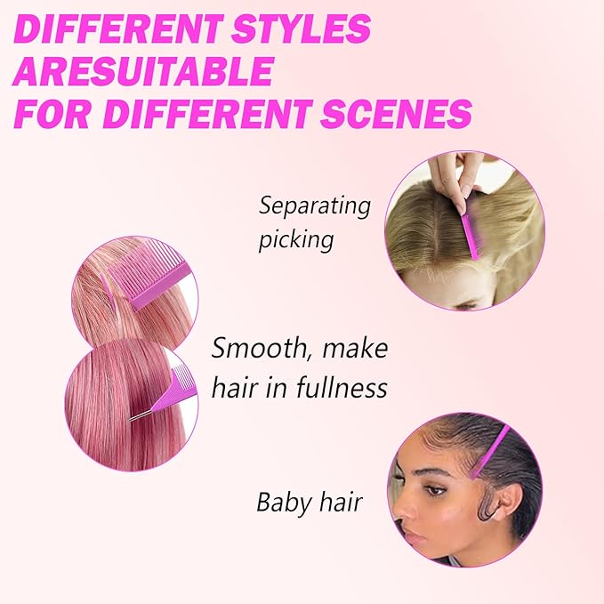DAN Technology Hair Styling Set - 3 Pieces Teasing Comb, Rat Tail Comb, and Edge Brush for Slicking Baby Hair & Flyaways - Pink
