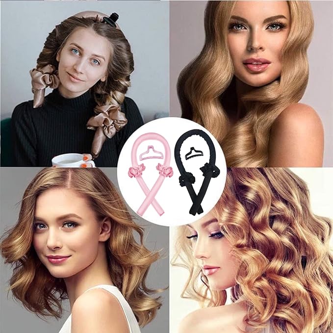 GADZHI Heatless Curling Rod Headband Heatless Hair Roller Curls Set for Long Hair No Heat Silk Hair Wrap Curler Ribbon for Overnight Sleep Hair Roller with Hair Claw Clip DIY Hair Styling Tools (2 set - pink+black)