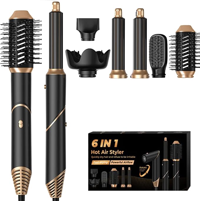 6 in 1 Hair Dryer Brush, Foldable Blow Dryer Brush with Wrap Curler, Detachable Air Hair Styler Curling, Drying,Volumizing, Straightening, Negative Ionic Hair Dryer with Diffuser, Hair Styling Tools